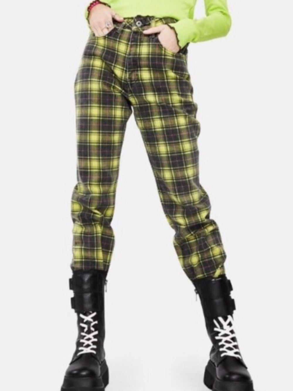 The Ragged Priest green yellow plaid high rise jeans 28